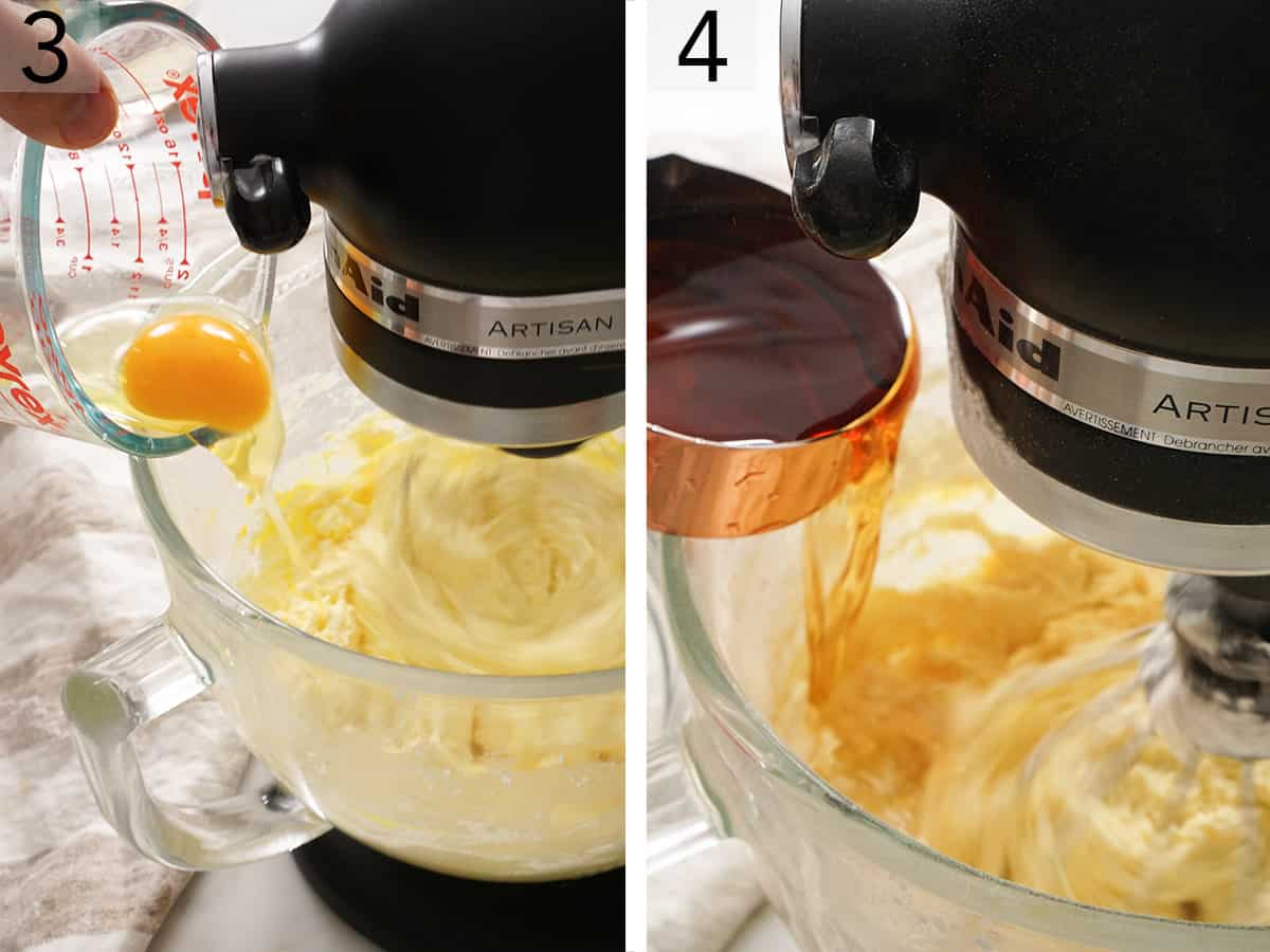 Eggs and rum pouring into the bowl of a stand mixer.