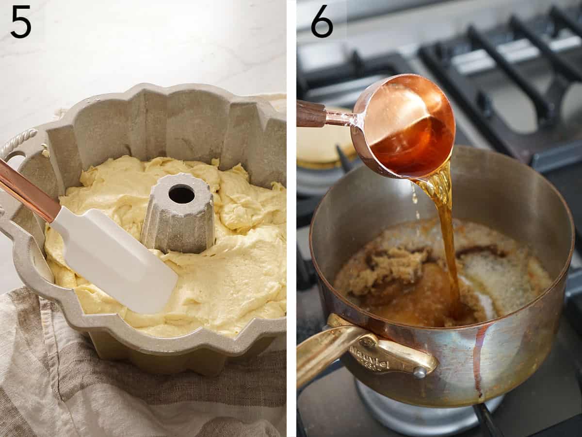 Rum cake batter being smoothed in a bundt pan before baking