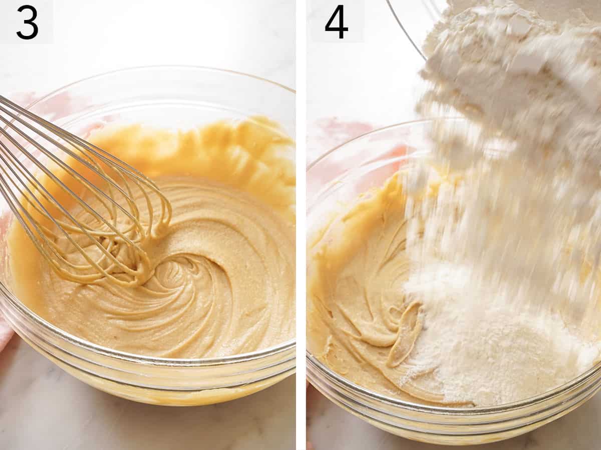 Set of two photos showing wet batter whisked and flour mixture poured into it.