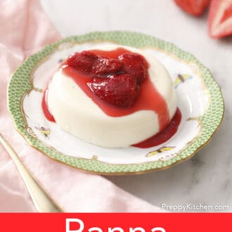 A panna cotta topped with roasted strawberries.