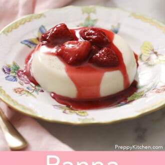 Roasted strawberry reduction dripping over a panna cotta.