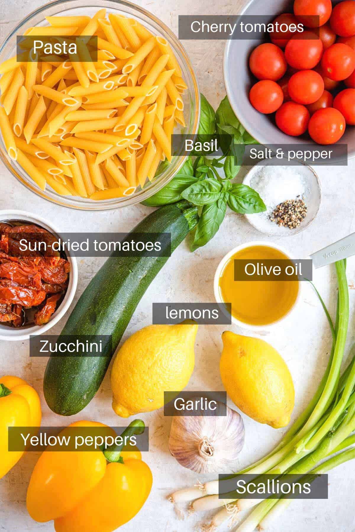 An overhead shot of all the ingredients you need to make Pasta Primavera