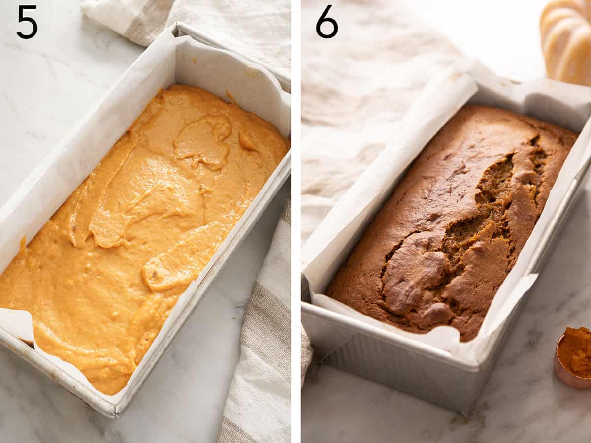 Pumpkin bread before and after baking.