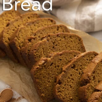 Pinterest graphic of slices of pumpkin bread on parchment.