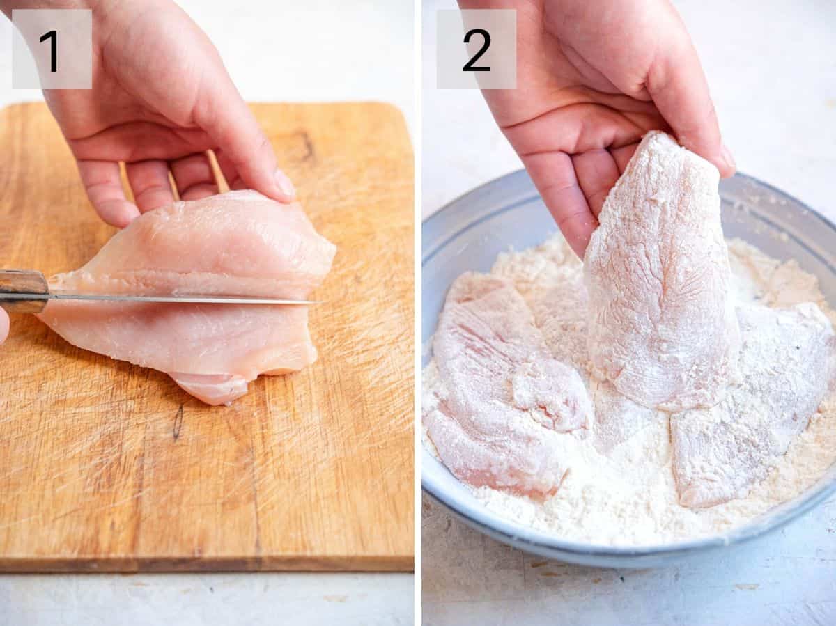 Two photos showing how to cut and dredge chicken
