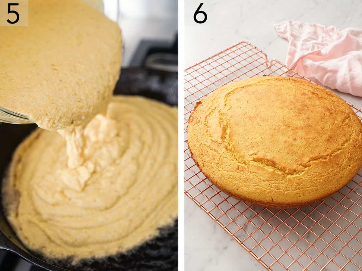 Cornbread batter going into a hot skillet before baking.