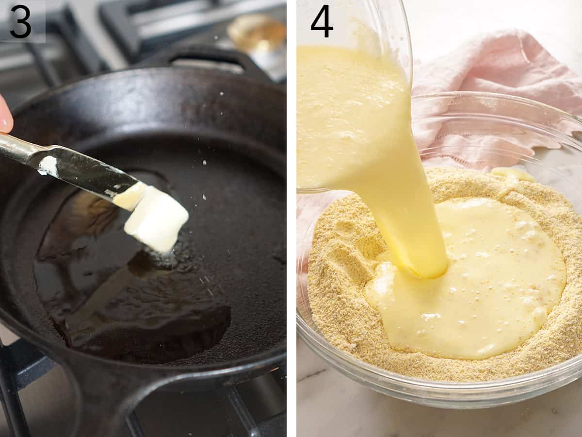 A buttermilk mixture pouring into a bowl of cornmeal and flour.