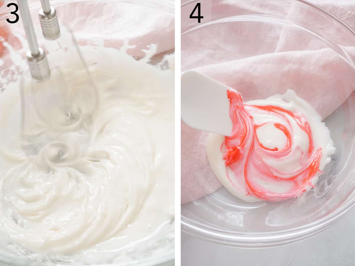 A sugar mixture getting mixed with pink food coloring.