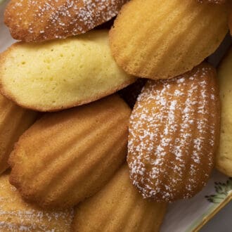 Many madeleines on a serving tray.