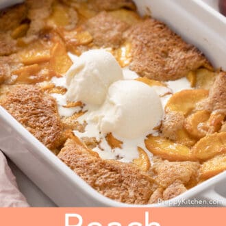 A baking dish filled with peach cobbler.
