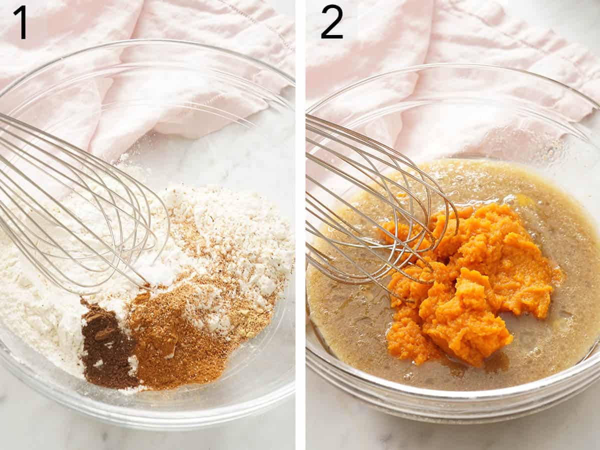Set of two photos showing wet and dry ingredients for pumpkin muffins getting mixed in bowls in separate bowls.