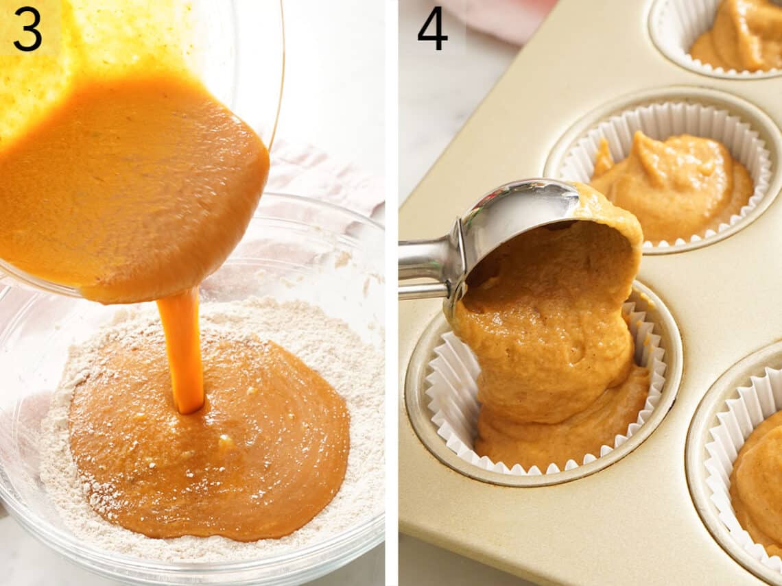 Set of two photos showing wet ingredients added to dry ingredients then scooped into a lined muffin tin.