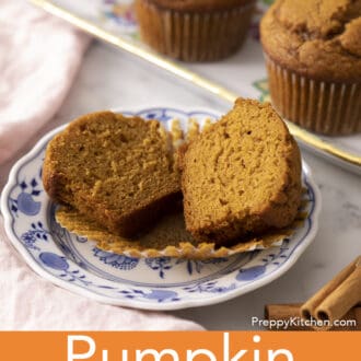 Pinterest graphic of a pumpkin muffin cut in half on a plate.
