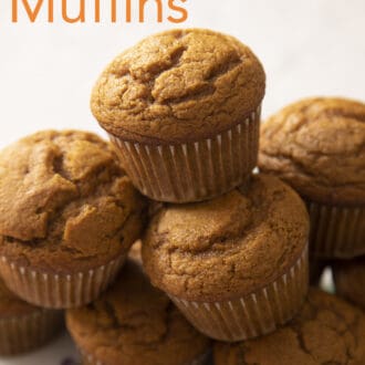 Pinterest graphic of pumpkin muffins stacked on a platter.
