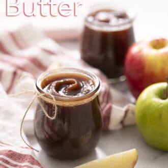 A pinterest graphic of 2 jars of apple butter