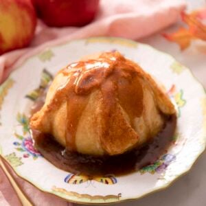 An apple dumpling dripping with brown sugar sauce.