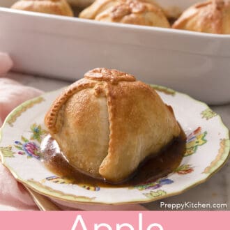 An apple dumpling with a carefully folded pastry covering.