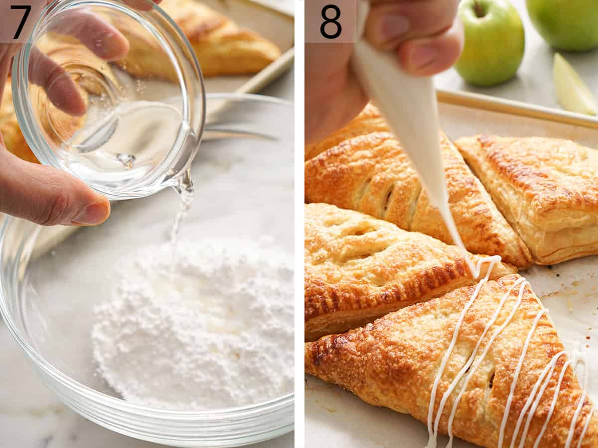 Set of two photos showing glaze being made then drizzled over the baked pastries.