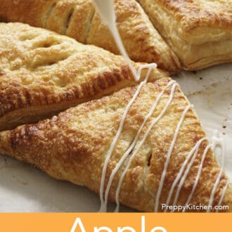 Pinterest graphic of apple turnovers getting drizzled with glaze.