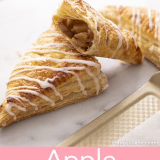 Pinterest graphic of apple turnovers next to a baking sheet.