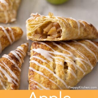 Pinterest graphic of a closeup photo of apple turnovers.