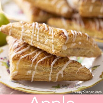 Pinterest graphic of two apple turnovers with glaze on a plate.