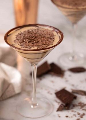 A chocolatini topped with shaved chocolate.
