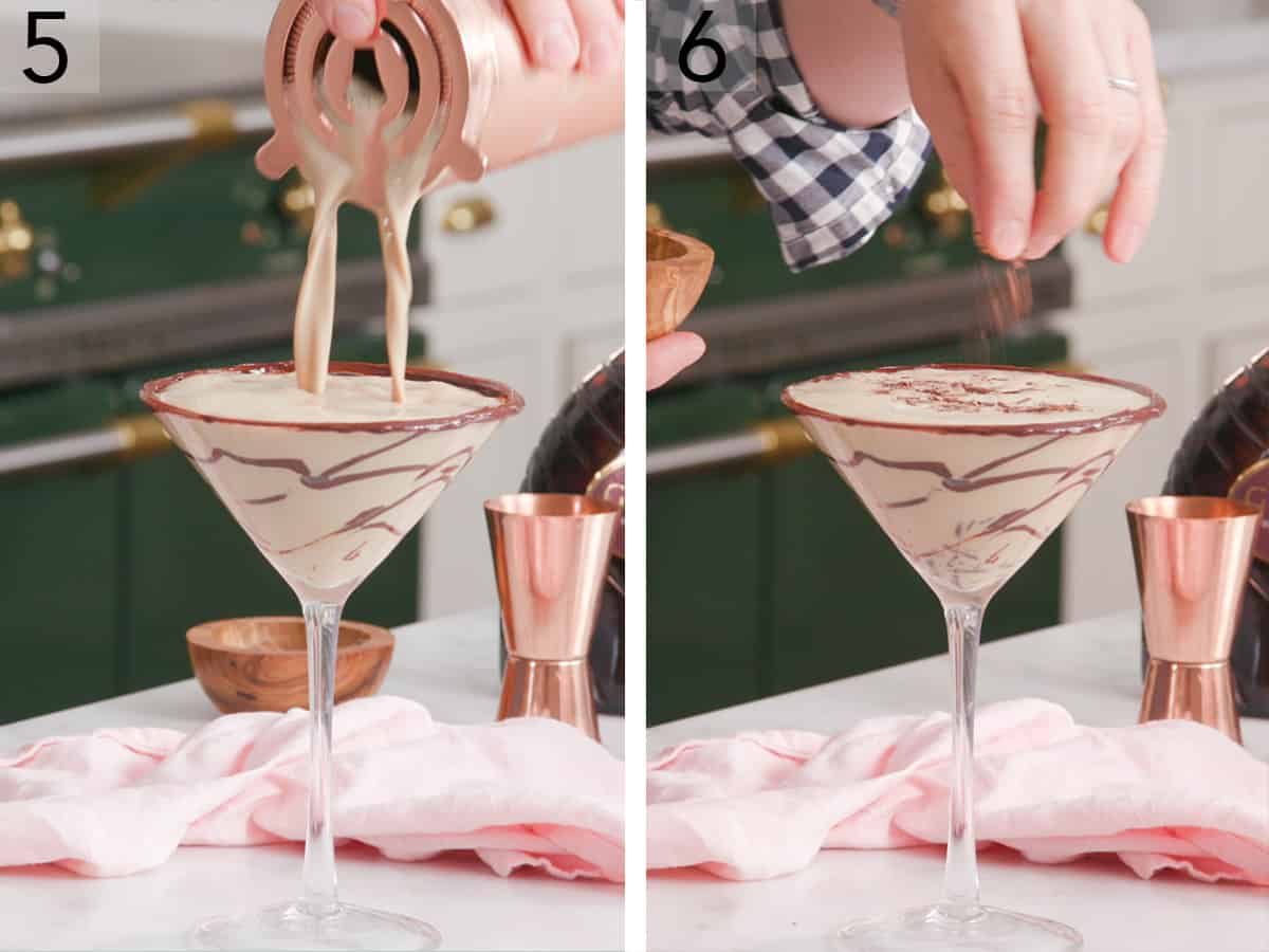 A chocolate martini getting poured into a martini glass then garnished with shaved chocolate. 