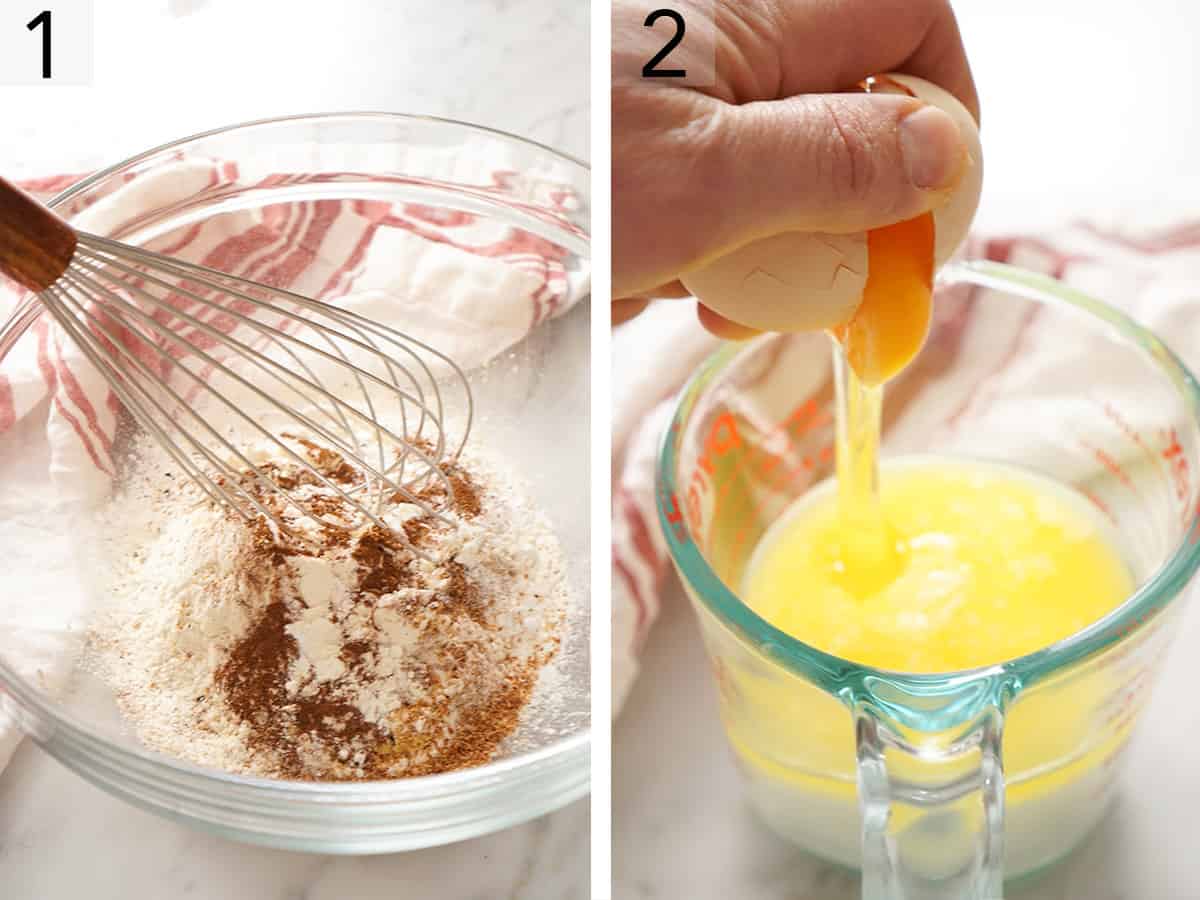 Flour, sugar, and spices getting mixed in a glass bowl.