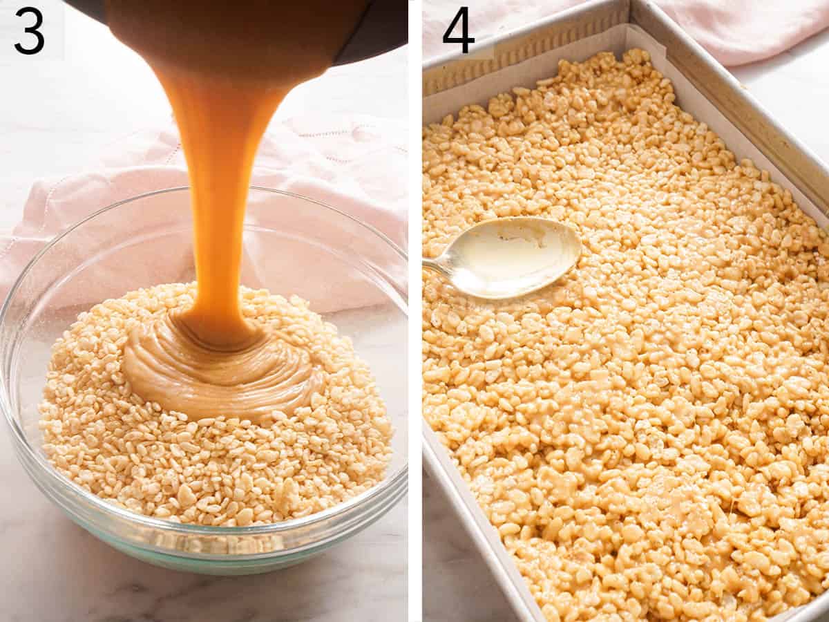 Rice Krispies getting mixed with a peanut butter syrup in a bowl.