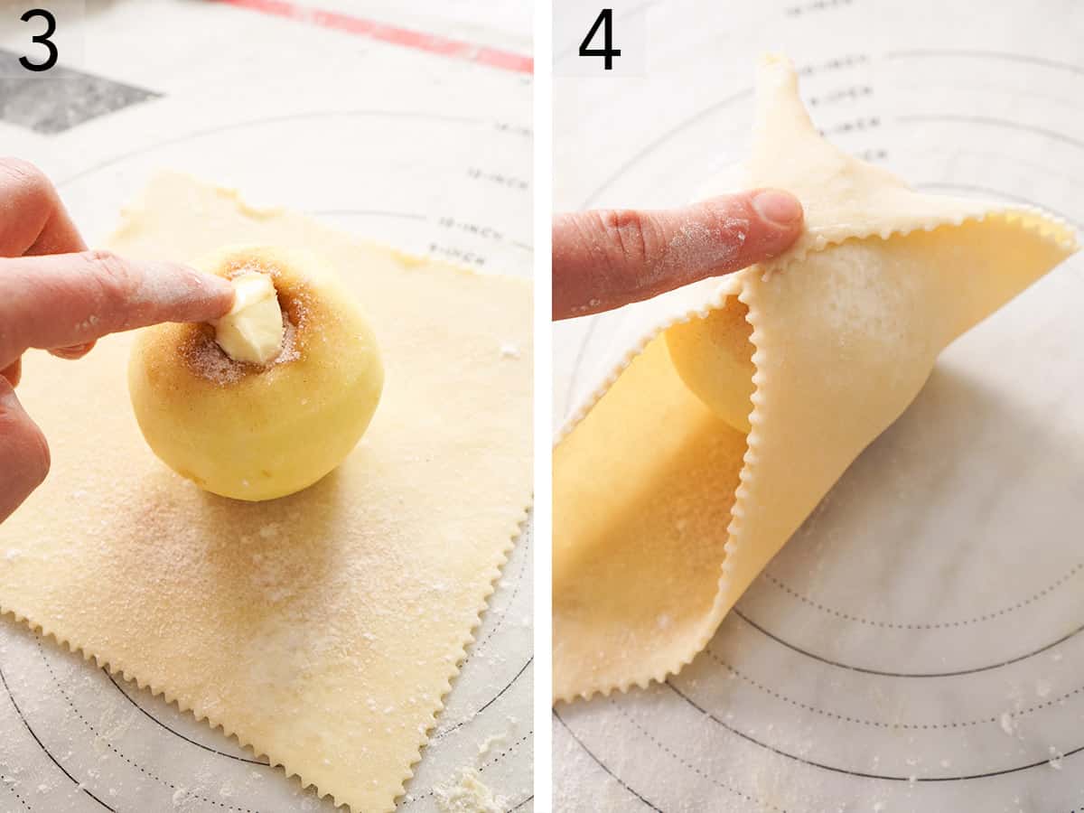 Apple dumplings getting wrapped in pastry.