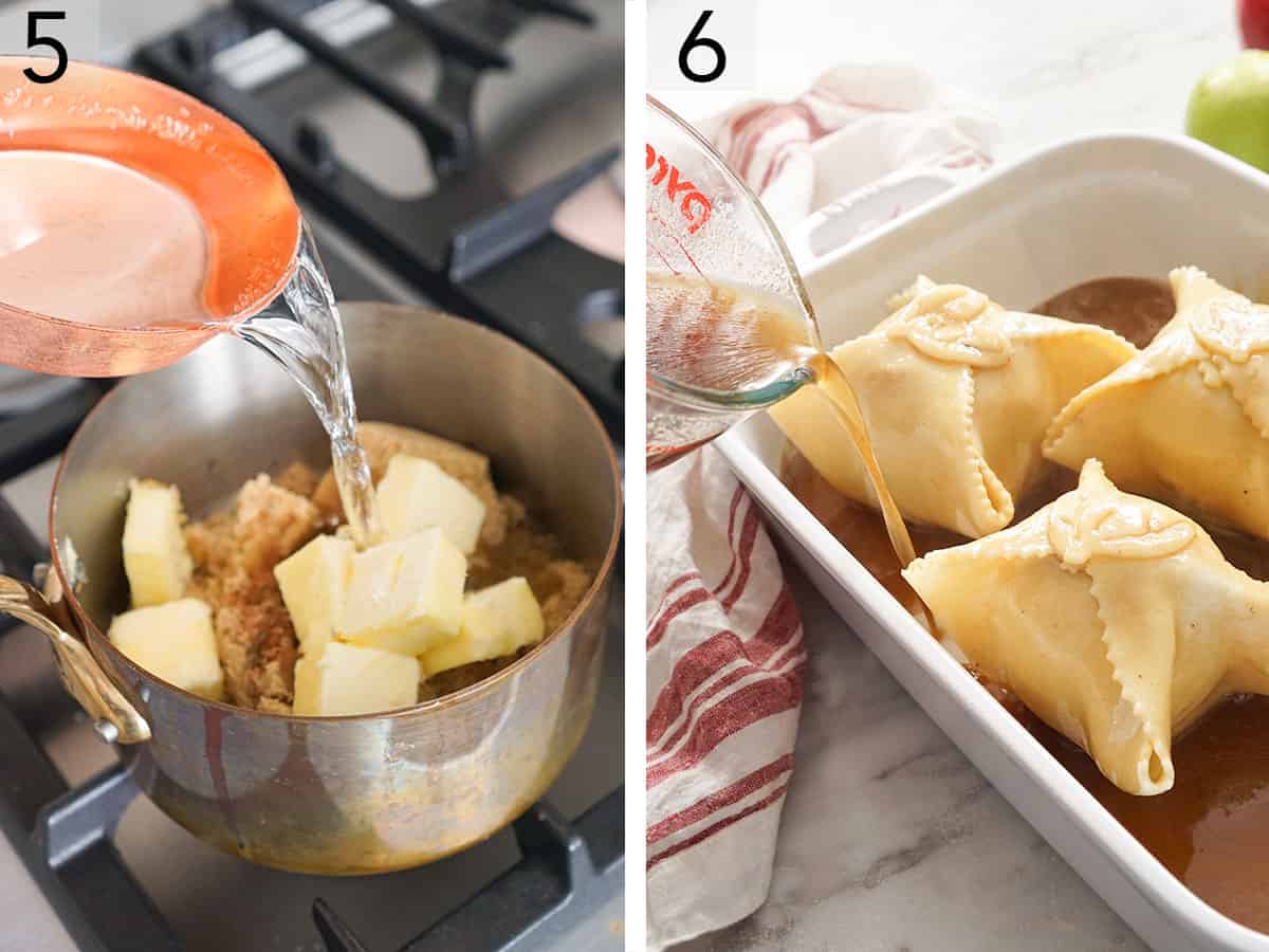 A brown sugar syrup getting melted in a pot and poured over apple dumplings.