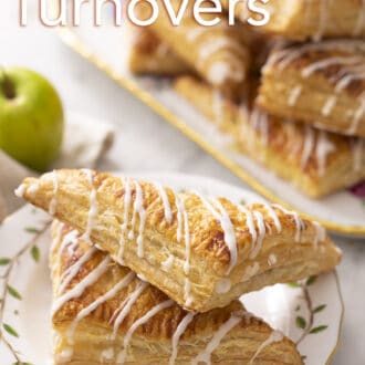 Pinterest graphic of flaky apple turnovers on a plate with glaze drizzled over top.