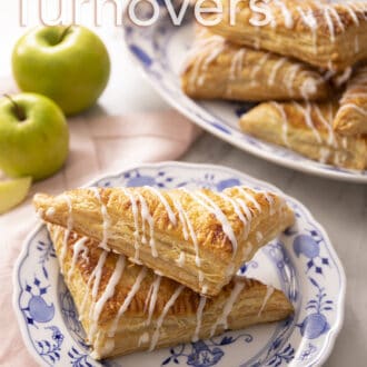 Pinterest graphic of apple turnovers on blue and white serving plates.