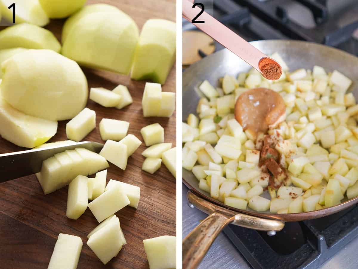 Set of two photos showing chopped apples mixing with brown sugar and cinnamon.