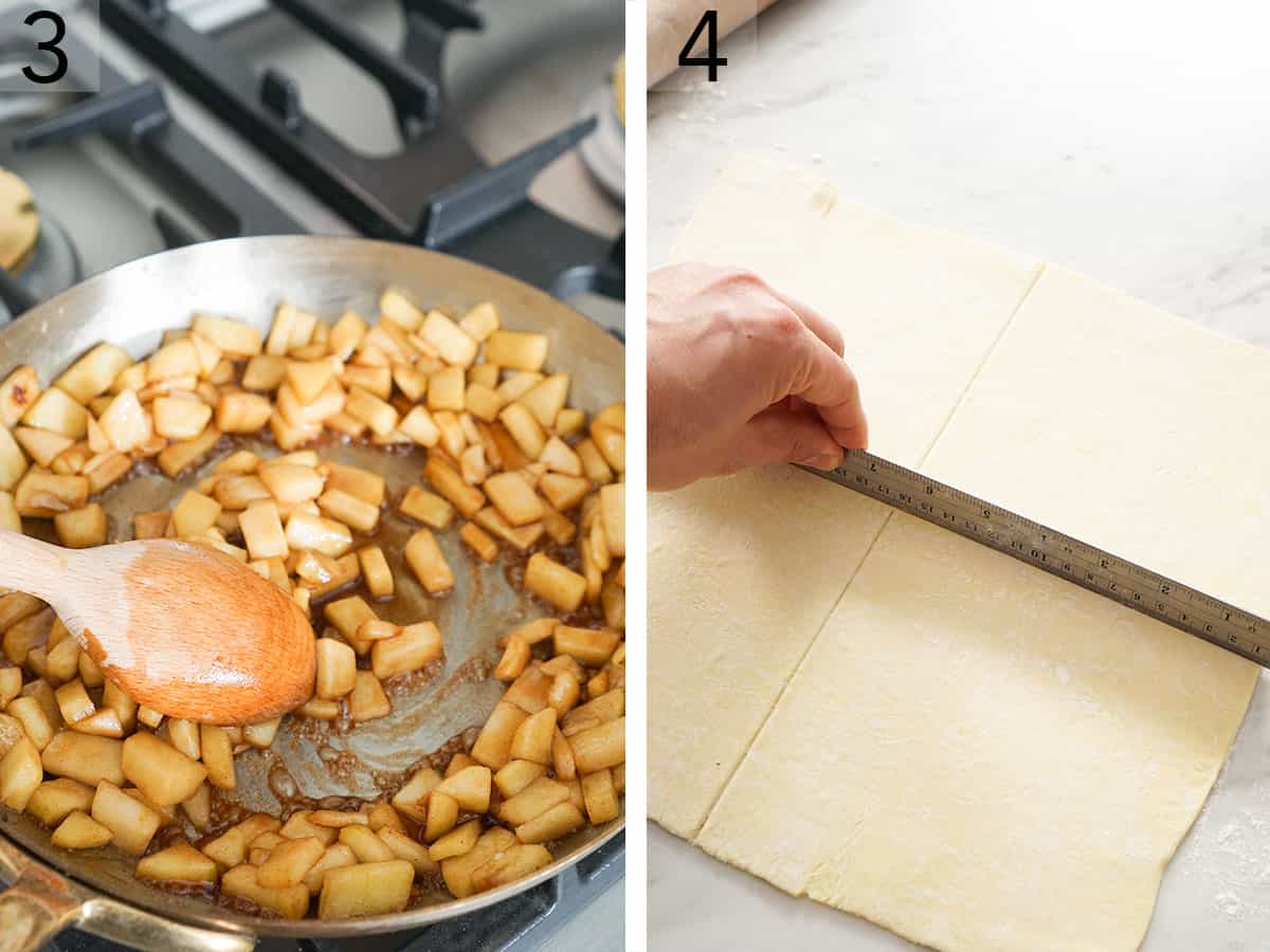 Set of two photos showing diced apples getting cooked down in a pan and dough cut.
