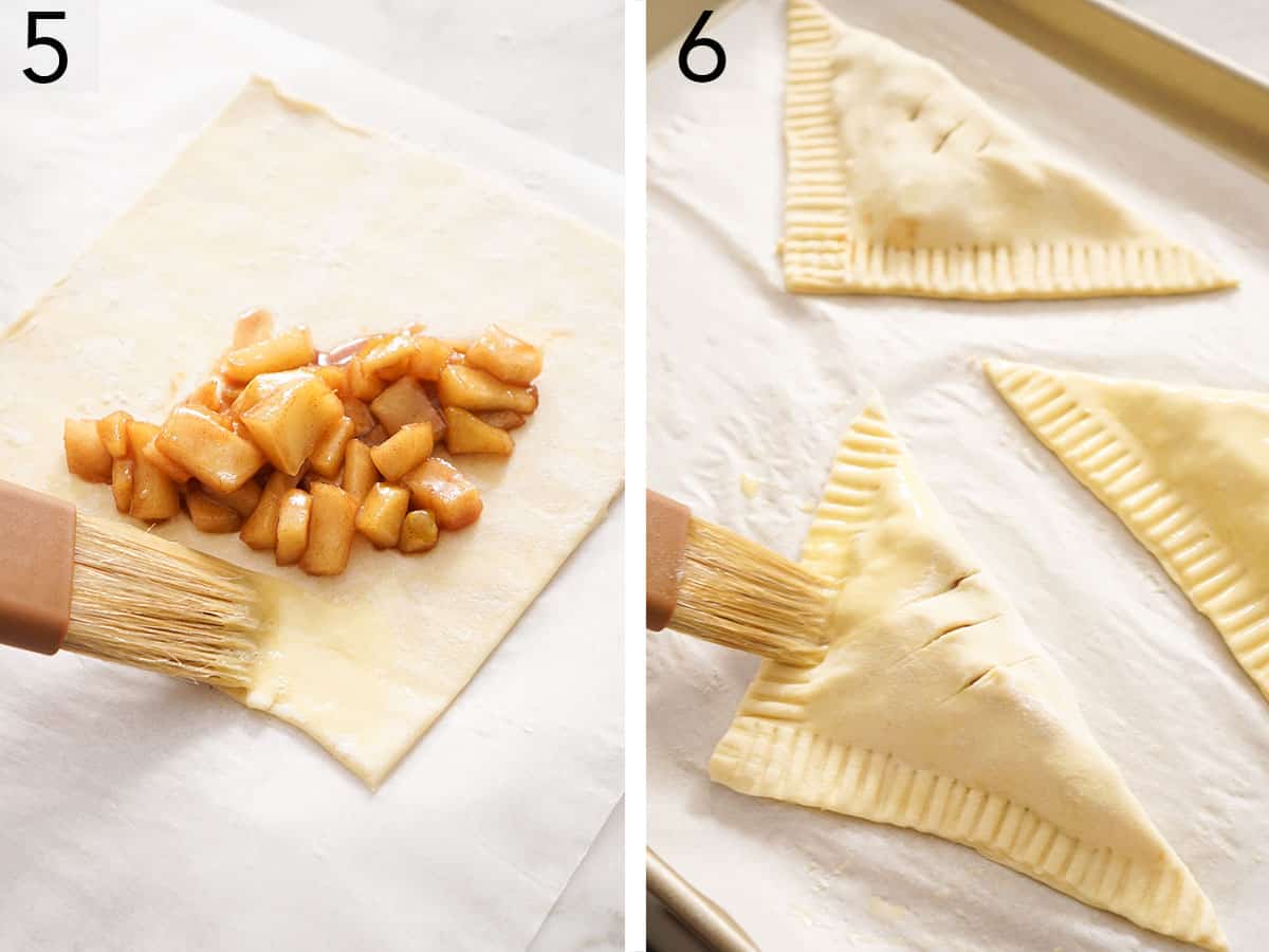 Set of two photos showing filling added to the pastry, edges brushed, and folded.