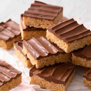 Scotcheroos stacked in a group.