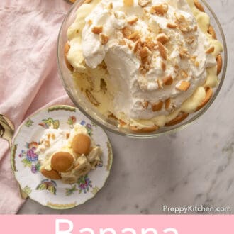 top down photo of Banana pudding in a glass trifle dish