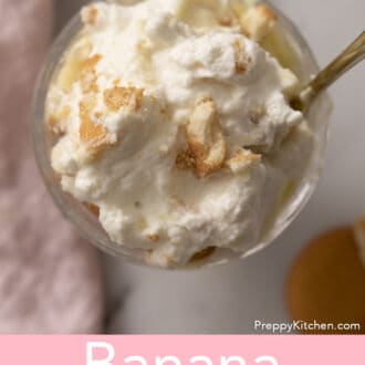 top down image of Banana pudding in a glass bowl