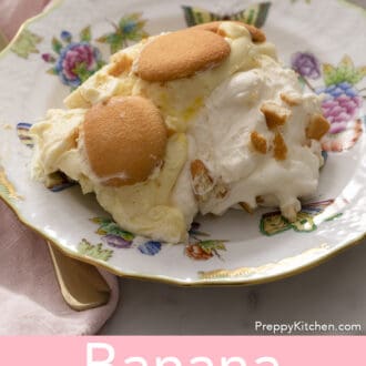 Banana pudding on a floral plate
