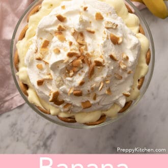 top down image of Banana pudding in a glass trifle dish