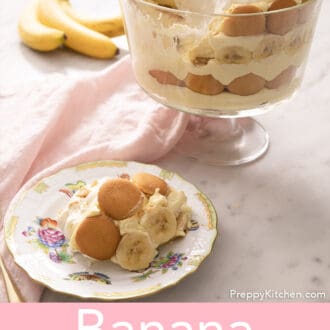 Banana pudding in a glass trifle dish with some on a plate