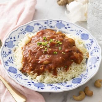 Butter chicken with rice on a blue and white plate.