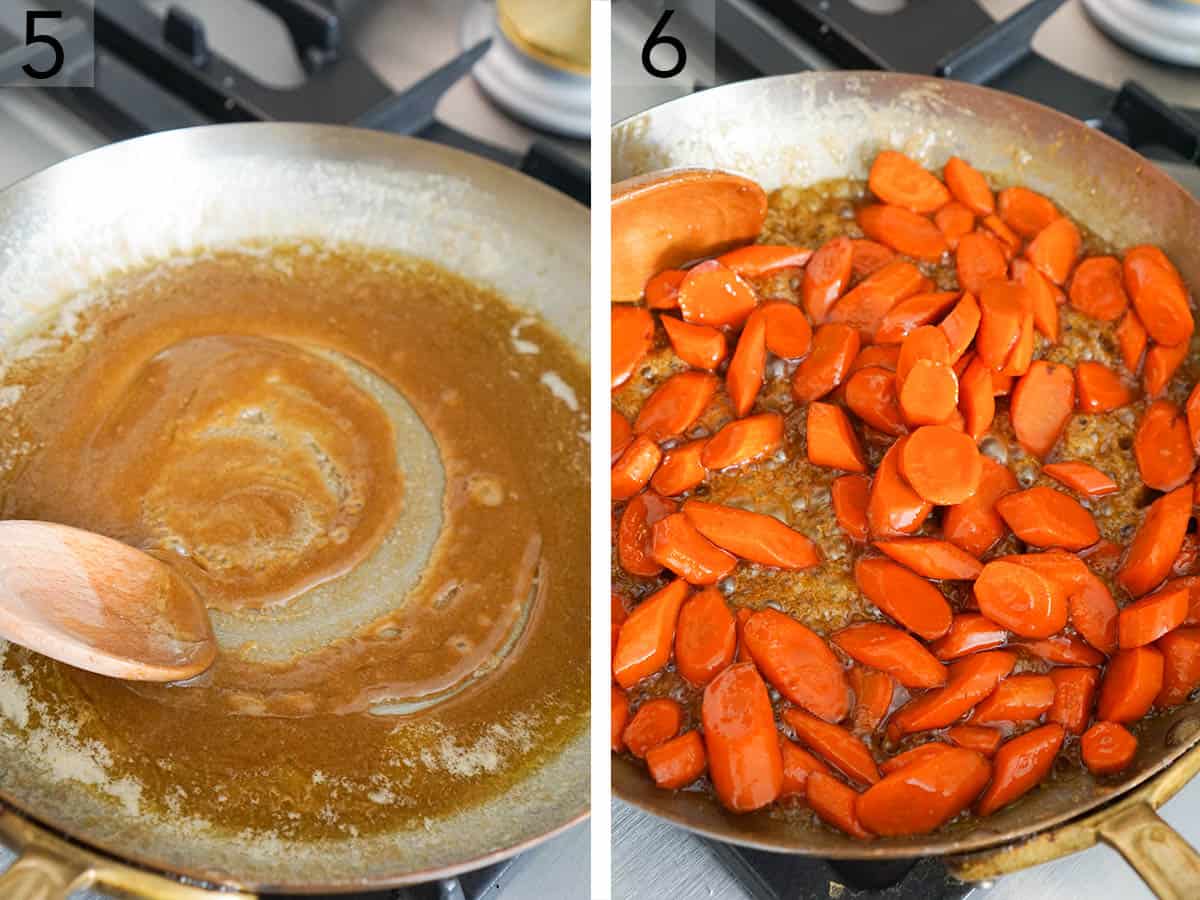 Carrots getting glazed in a large pan.