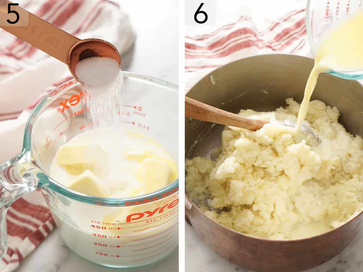 Set of two photos showing milk, butter and salt mixing together in a measuring cup then getting poured into mashed potatoes.