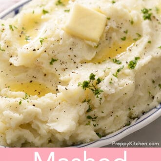 Mashed potatoes in a blue and white oval serving dish.