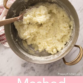 Pinterest graphic of mashed potatoes in a pot with a wooden spoon.
