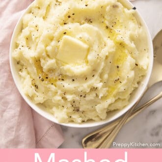 Pinterest graphic of mashed potatoes in a bowl with a knob of butter on top with black pepper.