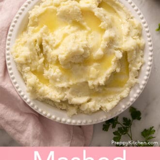 Pinterest graphic of mashed potatoes in a bowl with melted butter.